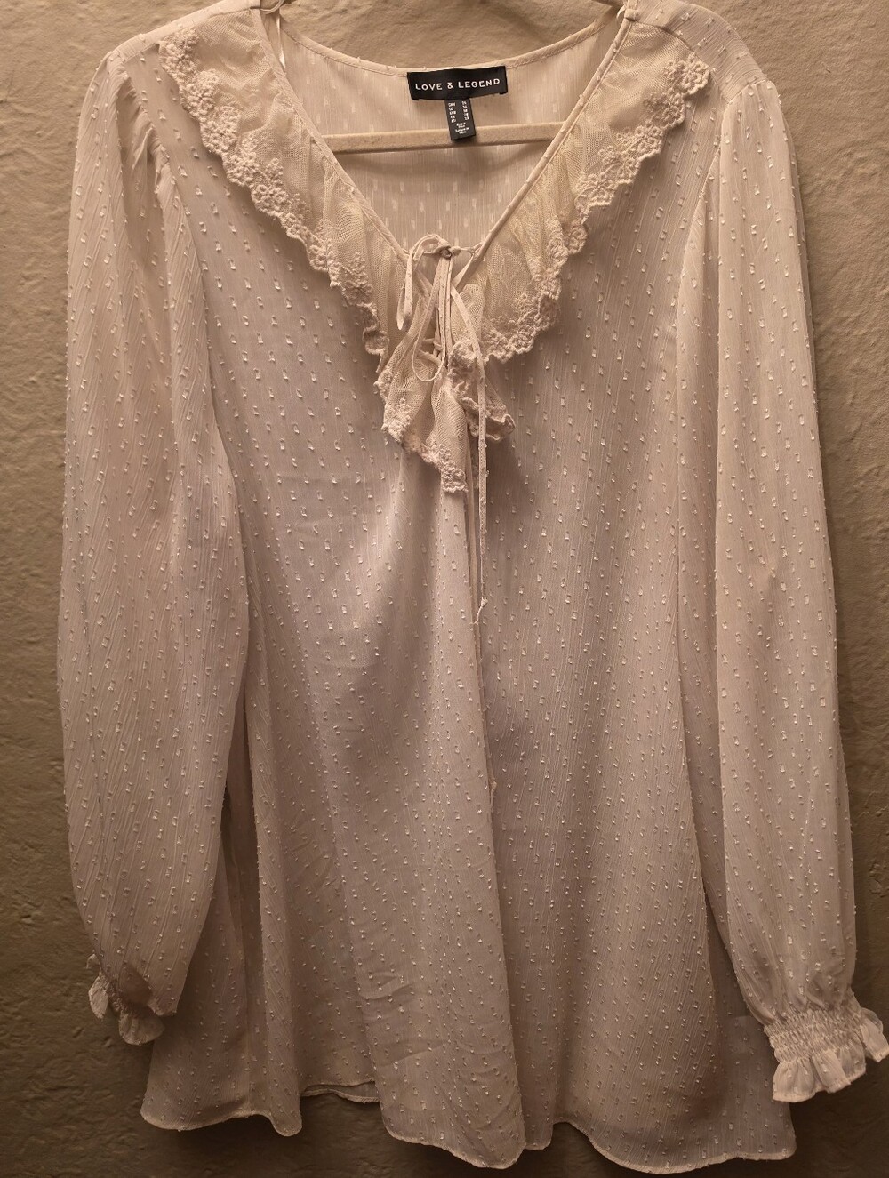 Love & Legend Plus 24 Cream Swiss Dot Lace Tie Neck Blouse 3X